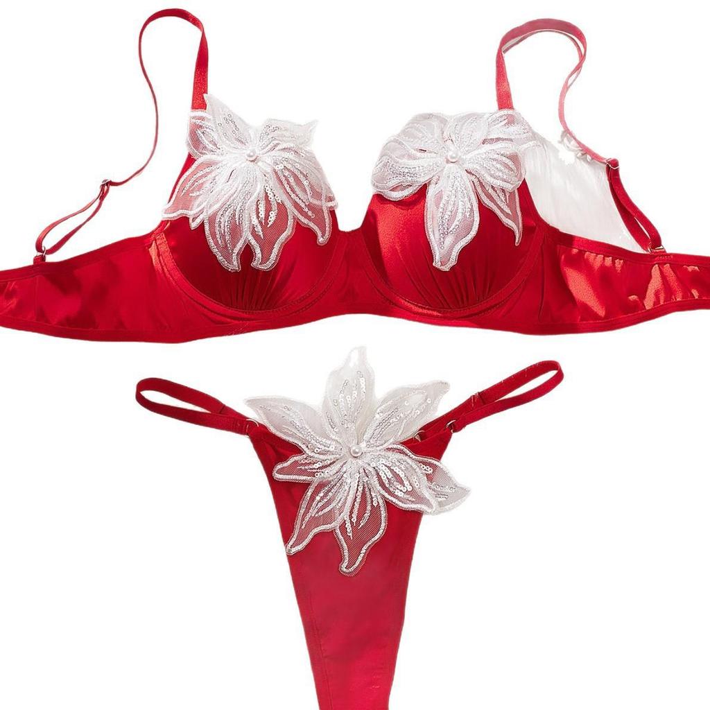Women's Sexy Bra Set Floral Decor Mesh Splice Lingerie Set Thin Red Bra Lingerie Set