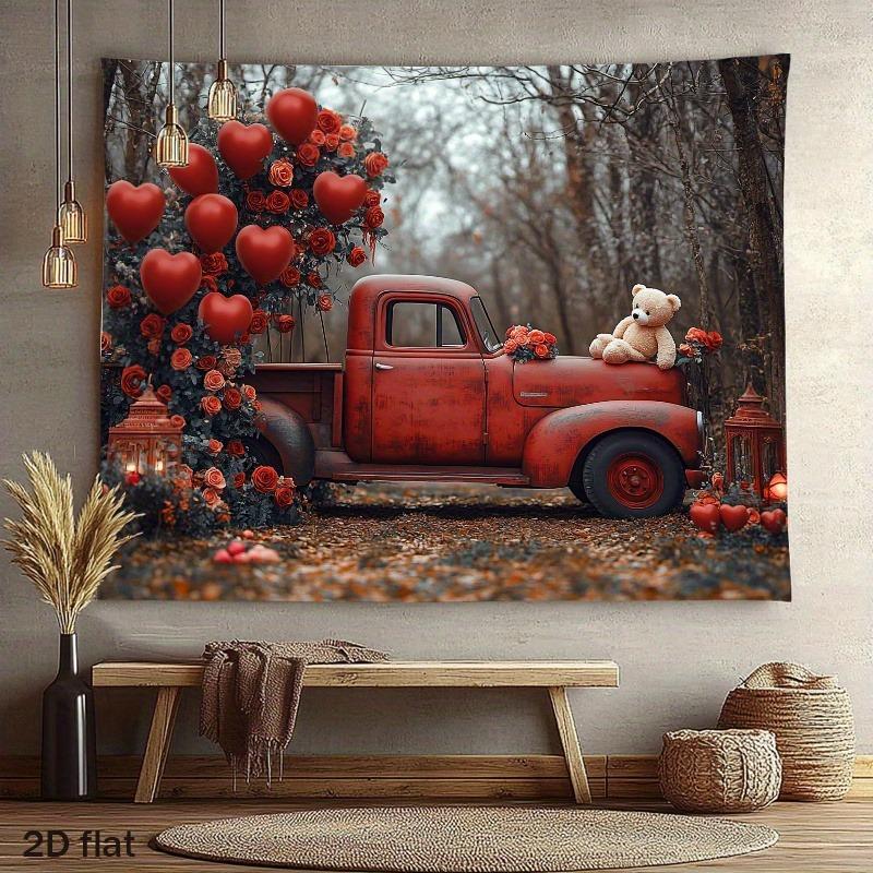 Red Truck Printed Tapestry with Valentines Day Love Theme Rose Garden and Heart Balloons Suitable for Family Gatherings Weddin