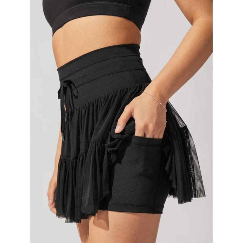 

Women Yellow High Waist Drawstring Tiered Tulle Mini Skirt For Tennis And Casual Wear S чёрный