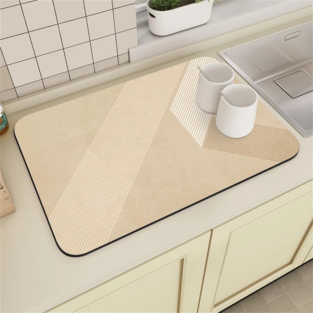 Coffee Machine Drain Mat Kitchen Countertop Cup Absorbent Mat Cream Lines Simple Table Diatomaceous Washable Dry Non-slip Mat