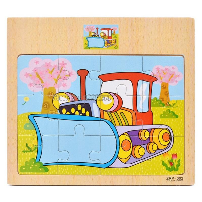 12pcs Puzzles Wooden Kids Cartoon Vehicle Animals Learning Educational Toys Gift