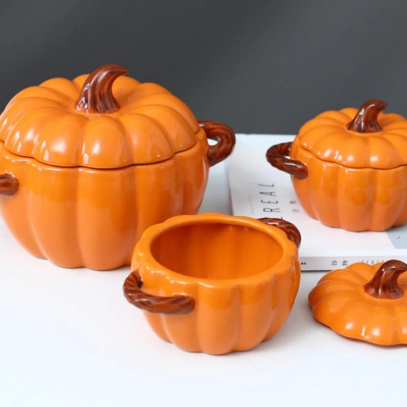 DoubleHled Ceramic Pumpkin Bowl Halloween Themed Serving Bowl for Soups And Stews Home Decor And Culinary Use