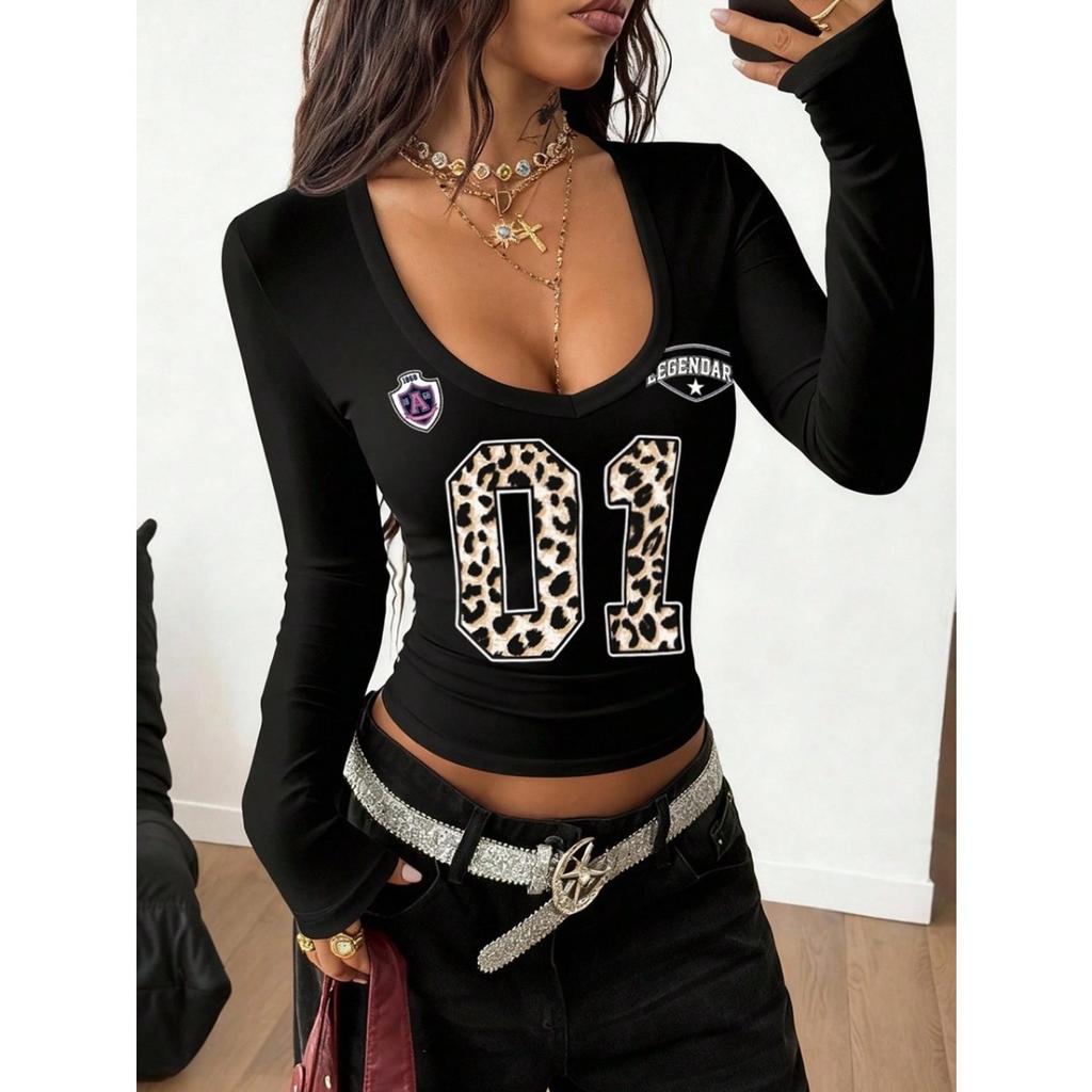Y2K Streetwear V-neck Bustier T-shirt, Retro Two Tone Racing Uniform Style, Badge Printing with Letters and Numbers