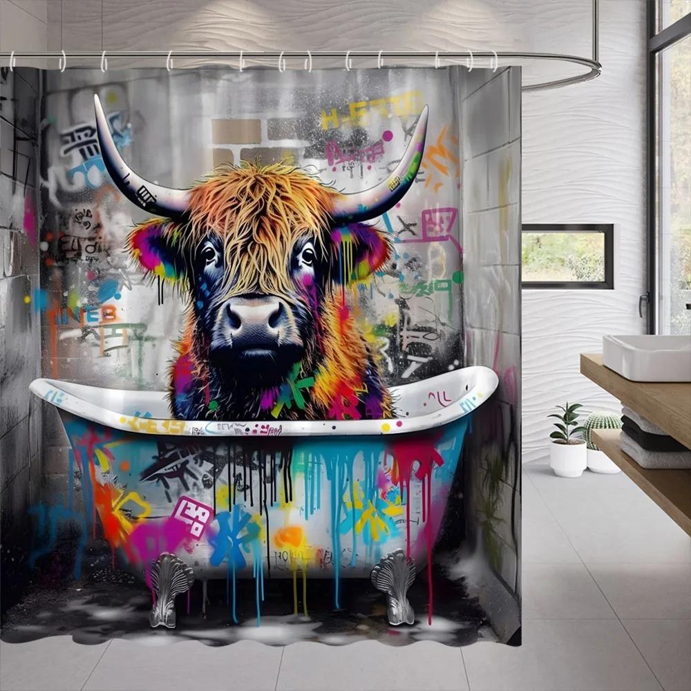 Funny Farm Cow Shower Curtain Rustic Wooden Door Highland Cow Wooden Panel Lavender Flower Cloth Hanging Curtains Bathroom Decor