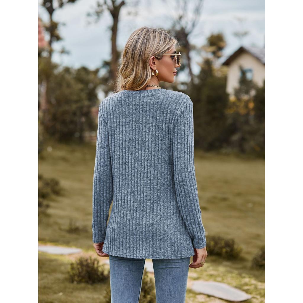 GMXIA Autumn Women's Round Neck Frosted Pit Strip Solid Color Top Long Sleeve T-shirt