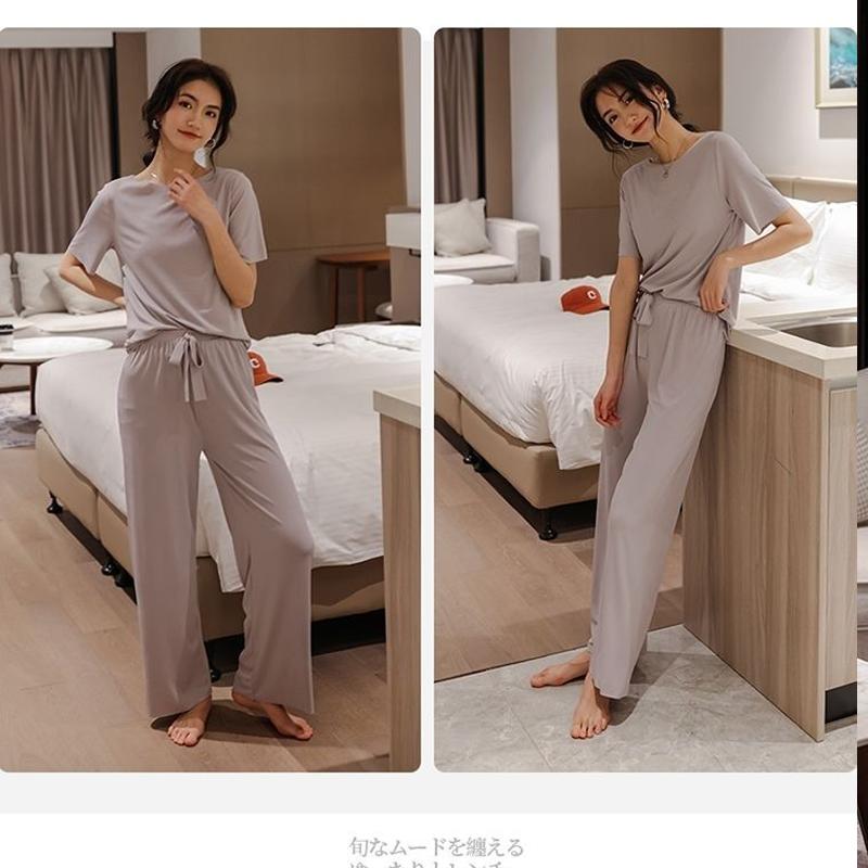 Summer Ladies Pajamas Loungewear Set Summer Thin Solid Color Loungewear Short Sleeves Elasticated Waist Trousers Lazy Pajamas