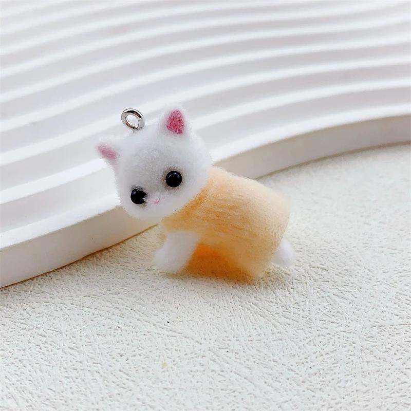 Dress Cat Pendant Cute 3D Hairy Flocking Animal Cat Charms Miniature Dolls Keychain Necklace Pendant DIY Crafts Jewelry Make