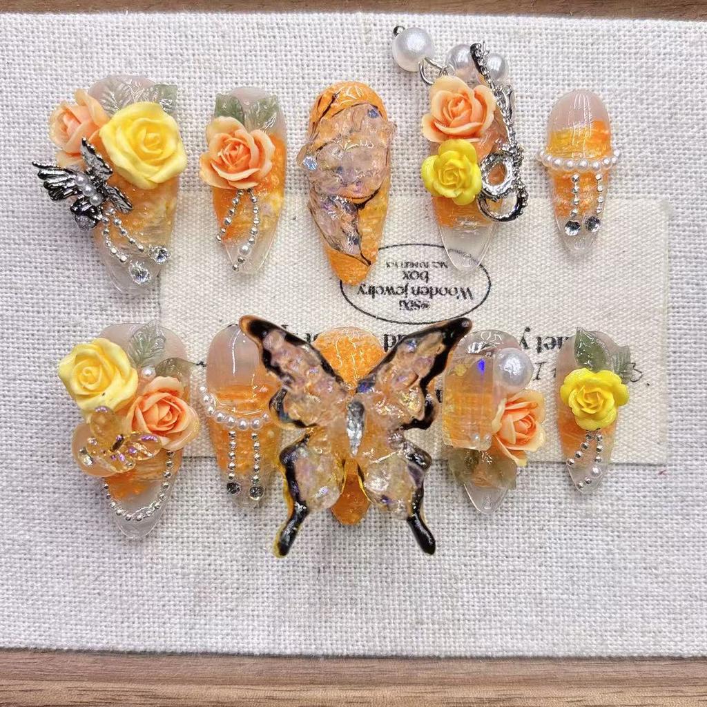 Square Press On Nails Almond Fake Nails French Tip False Nails with 3D Design Full Cover Acrylic Glue On Nails Artificial Stick On Nails for Women