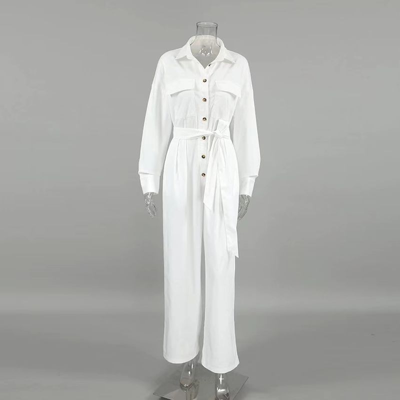 

Western Style Cargo Fashion Lapel Long sleeve Casual Loose All-Match Wide Leg Jumpsuit Casual Jumpsuit White L
