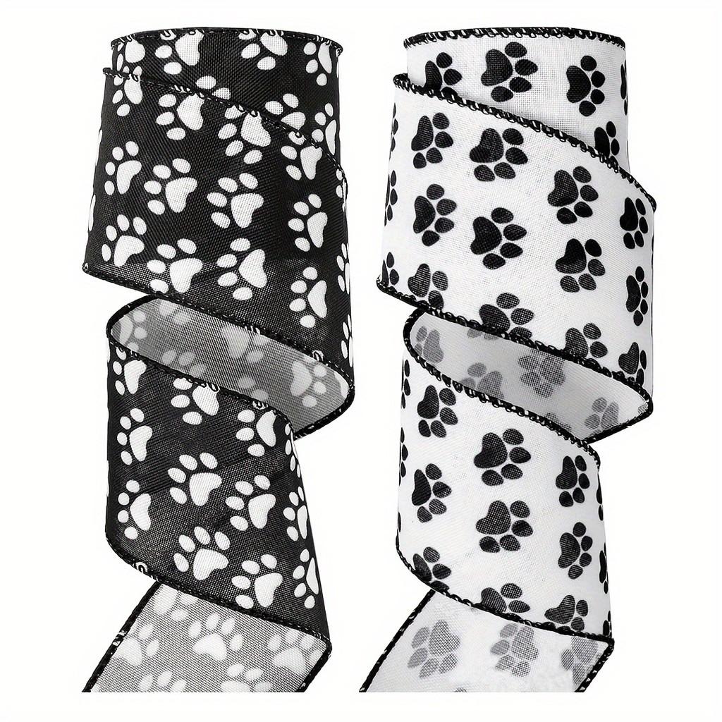 White Satin Ribbon With Black Paw Prints Perfect For Pet Themed Diy Projects And Decorations