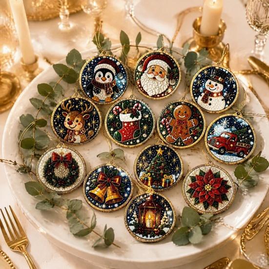 Festive Home Decoration 12PCS Christmas Tree 2D Flat Pendant, Pearl Acrylic Art Kits, Bright Seasonal Wall Hanging Color Classic Patterns Ornament for