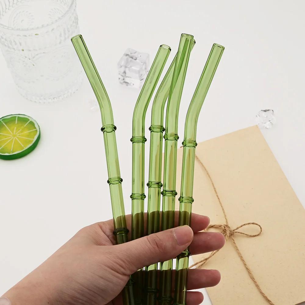 5/10Pcs Reusable Glass Straw with Brush Green Bamboo-shaped Straws Set Suitable for Milkshakes Juices Coffee Bar Accessories