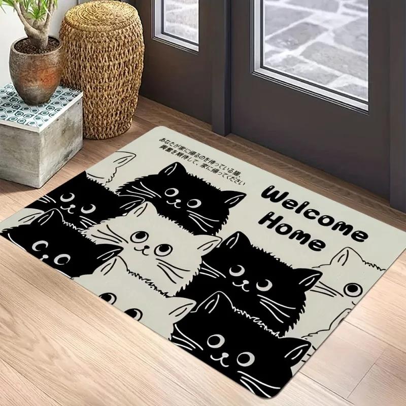 Black Cat Door Mat Non-Slip Entrance Way Mats Welcome Mats Rugs Washable Carpet Home Decoration For Indoor Outdoor