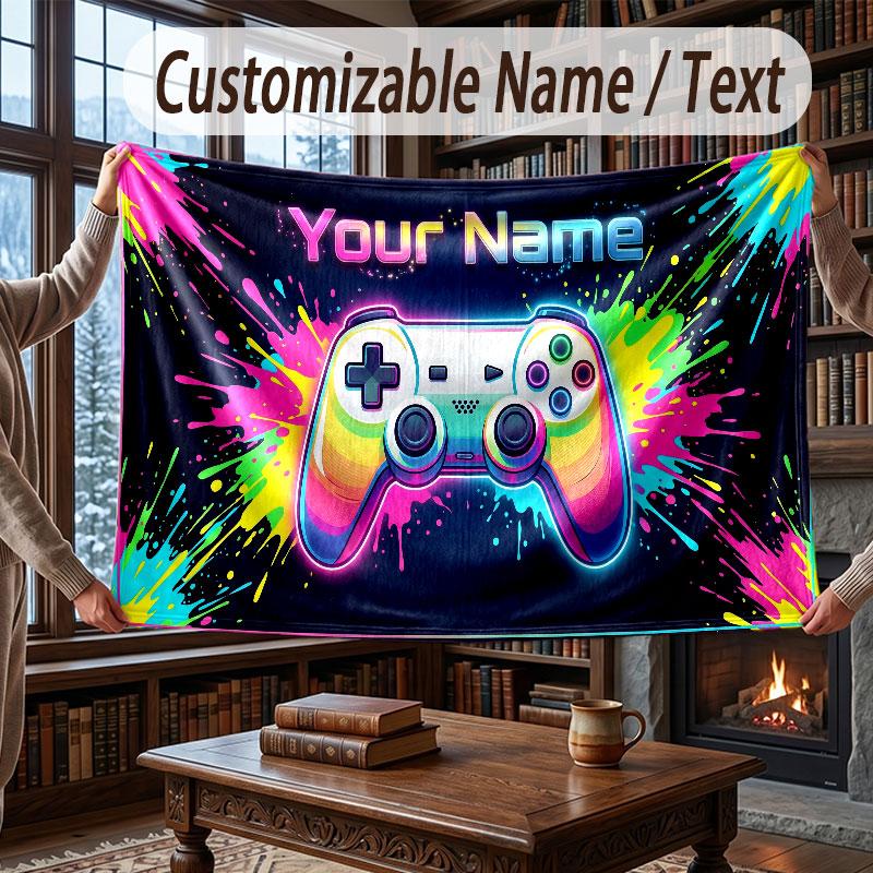 Game Controller Theme Throw Blanket Custom Name Text Personalized Blanket Soft Cozy Blanket for Home Sofa Bed
