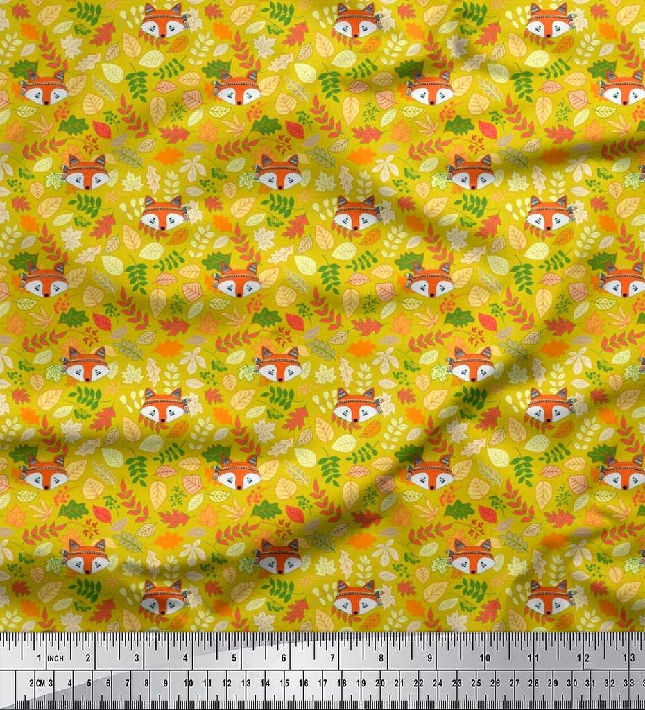 Soimoi Japan Crepe Satin Fabric Leaves & Fox Face Cartoon Printed Craft Fabric by the Metre 42 Inch