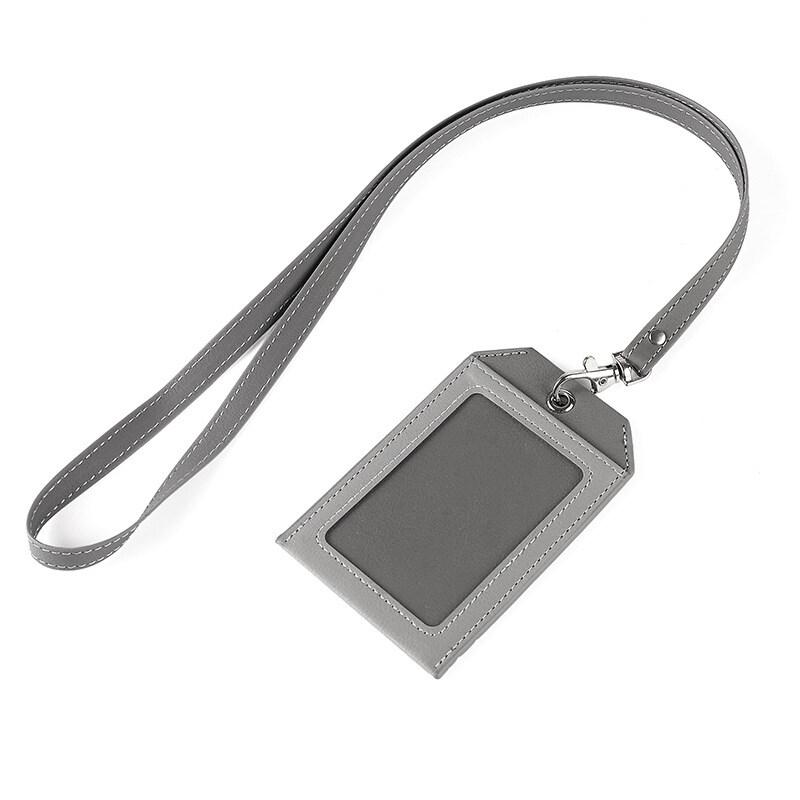 2 Card Slot Employee Work ID Card Set Hanging Rope PU Leather Bus Meal Card Chest Badge