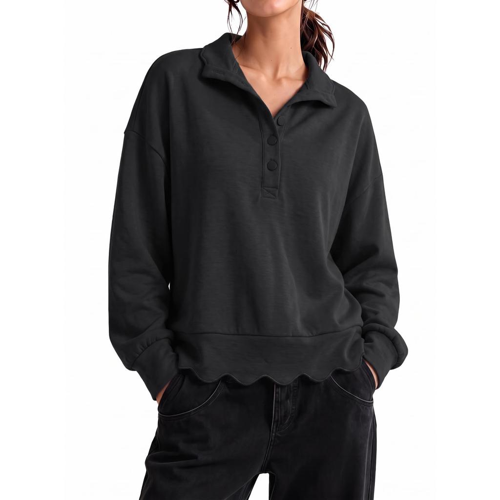 Women's Neck Sweatshirt Pullover Top with Scalloped Hem for Casual Everyday Wear