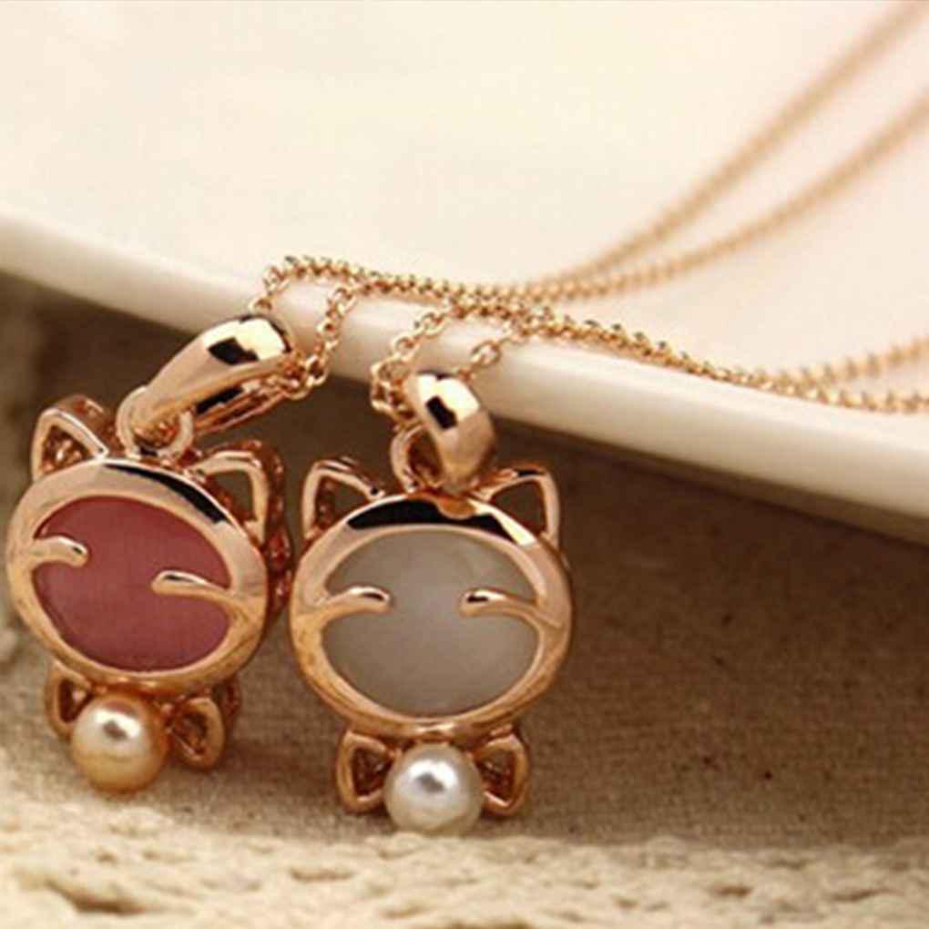 Cute Cat Crystal Pendant Women Girl Necklaces Jewelry Alloy Long Chains Jewelry