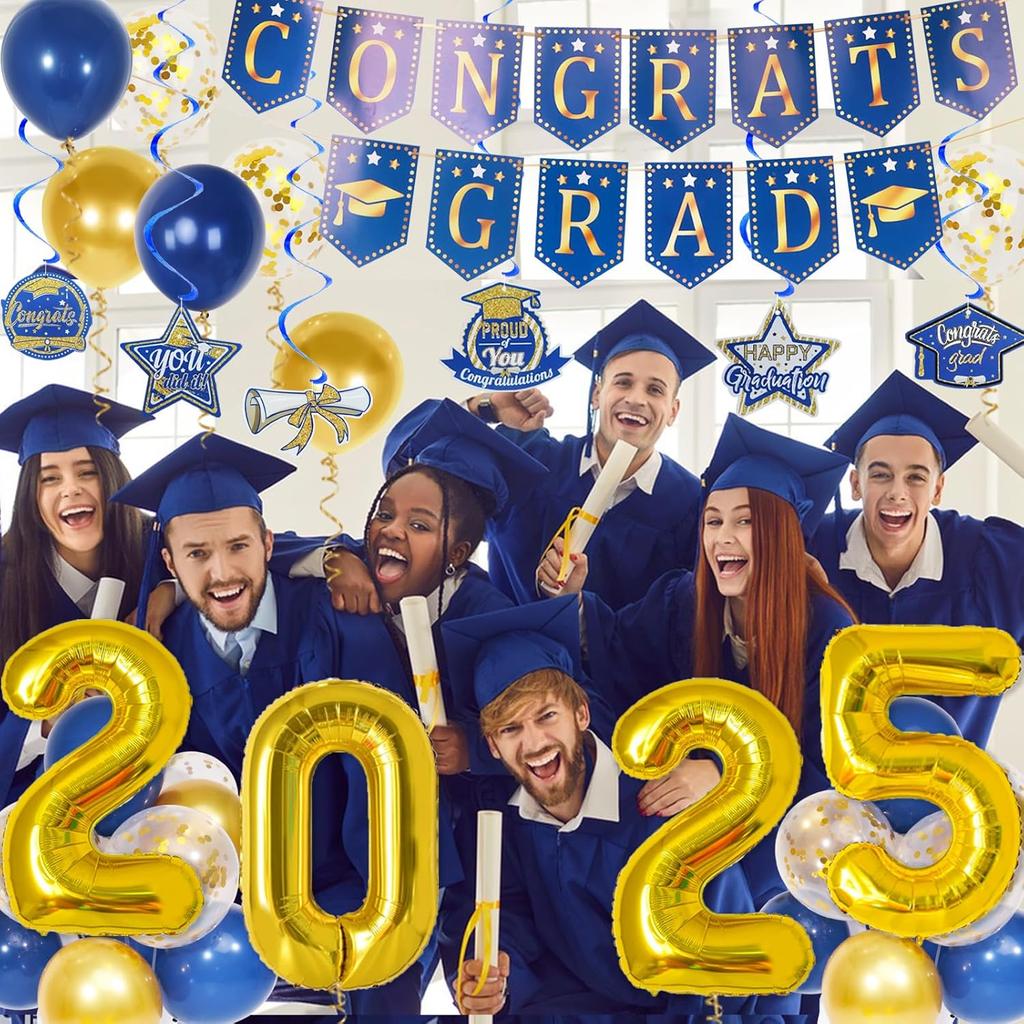 Graduation Decorations 2025, Blue and Gold Class of 2025 Decorations with Congrats Grad Banner and Hanging Swirls, 2025 Foil Number Balloons for