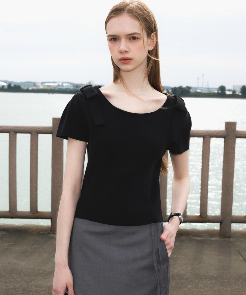 DEHEVE Boat Neck Ribbon Knit [Black]