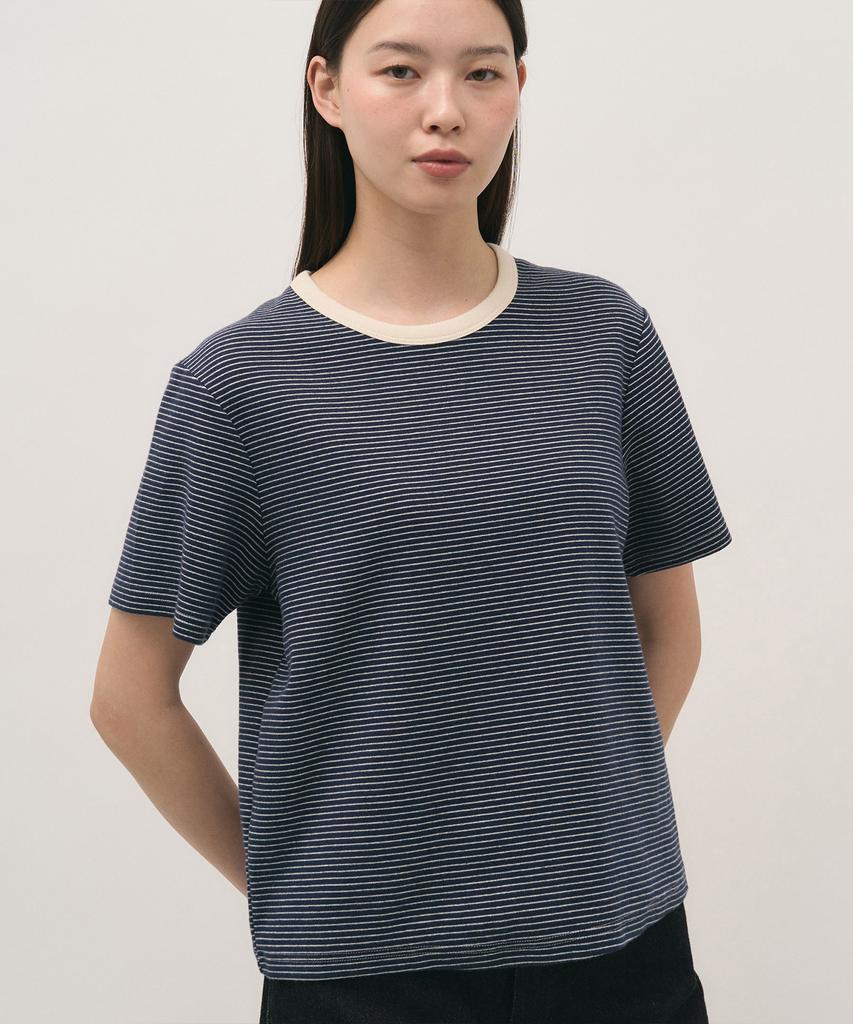 Leopeusaideuhwaiteulabel Soft Stripe 1/2 T-Shirt Navy
