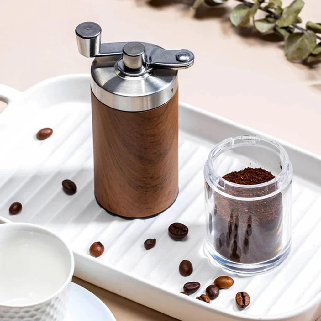 Vintage Portable Manual Coffee Grinder with Wood Grain Stainless Steel Crank Retro Handheld Coffee Bean Grinder for Home Travel