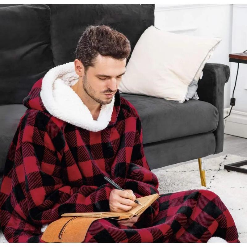 Pijama de Manta de Franela Super Largo con Mangas Sudaderas de Invierno Sudadera para Mujer Hombre Jersey Polar Gigante Oversize Bata de Dormir Cálida
