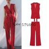 Spring New Women's Clothing V-neck Sleeveless with Belt Vest 2390198 Mid Waist Bell-Bottom Pants 2377198