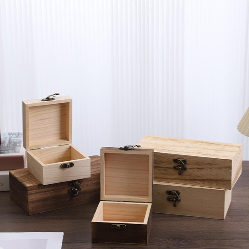 Square Wooden Box Vintage Metal Clasp Flip-top Lid