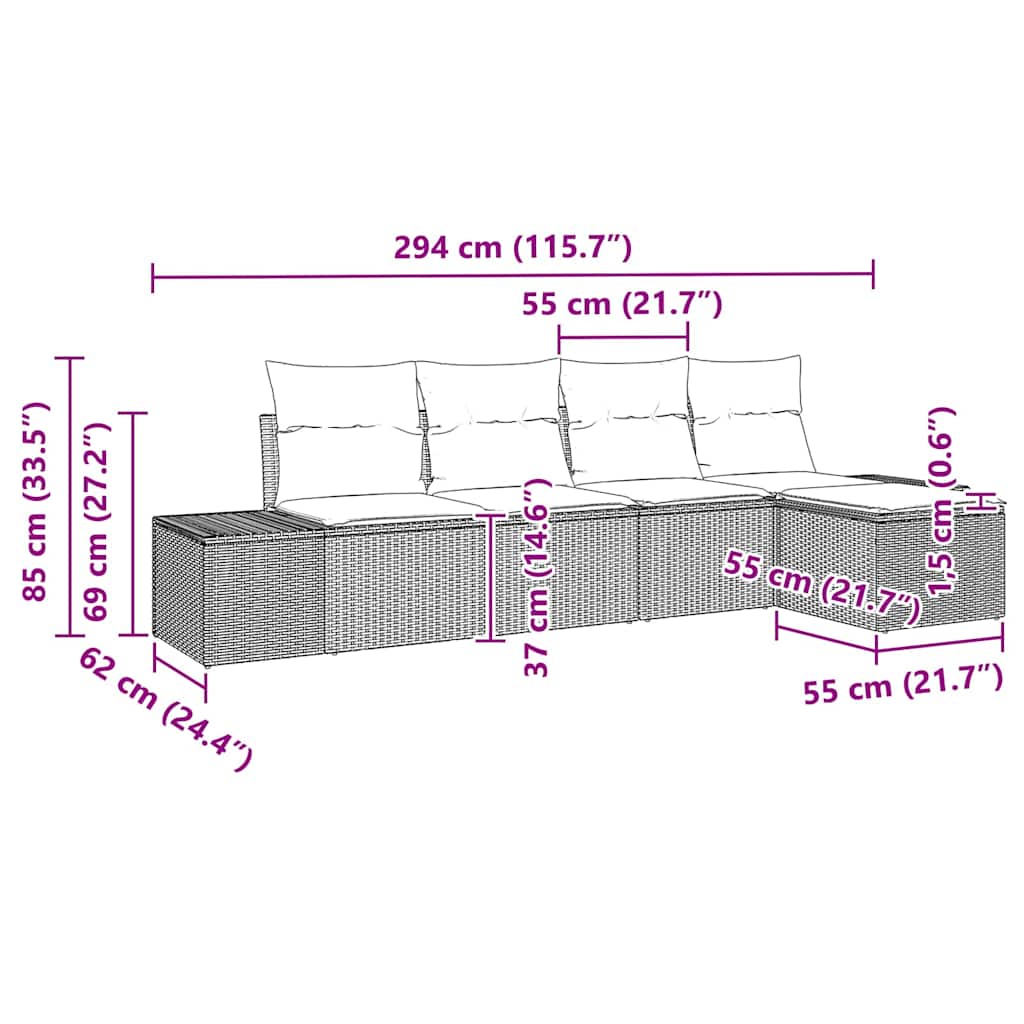 5 Piece Sofa Set with Cushions Light Grey Poly Rattan
