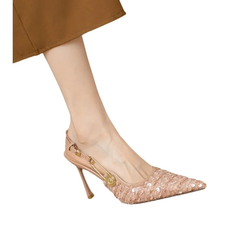 French Style Women's Pointed Toe Thin Heel Sandals 2025 Spring Summer New Glitter Fabric One-Piece Button French Dress Prom Shoe