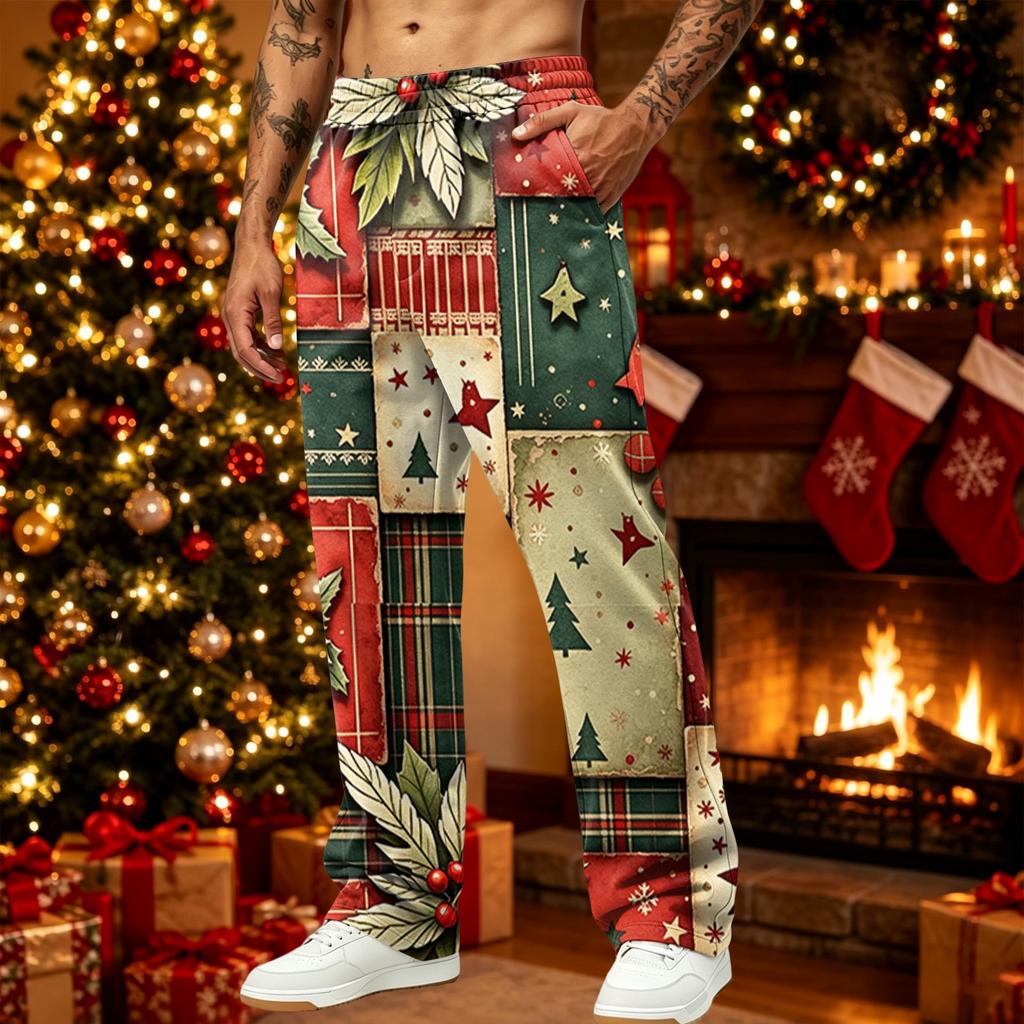 Men's Loose Fit Casual Christmas Print Pants with Pockets, Athletic Joggers for Holiday