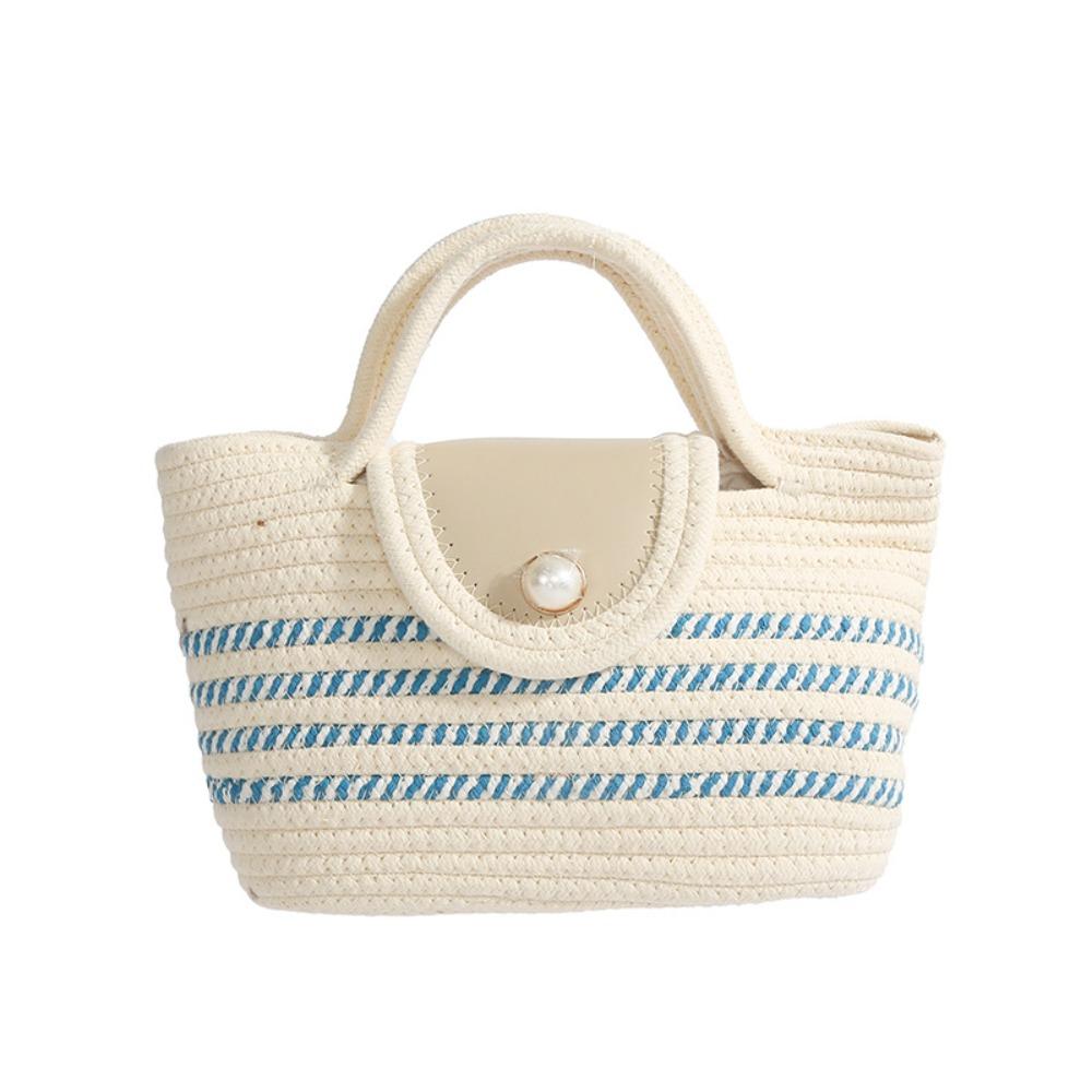 

Solid Color Woven Tote Bag Shoulder Bag Summer Beach Bag Casual Stripe Tote Handbag Female синий