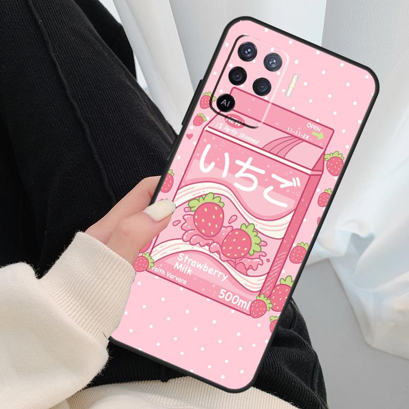 Kawaii Strawberry Milk Case For Oppo A18 A38 A58 A78 A98 A80 A60 A40 A96 A76 A16 A94 A74 A54 A15 A17 A57 A77 A5 Pro