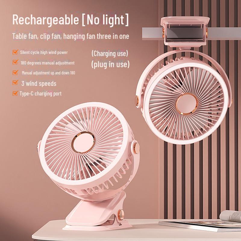 Rechargeable USB Clip Fan with Desk Lamp - Large Battery, Portable for Student Dormitories