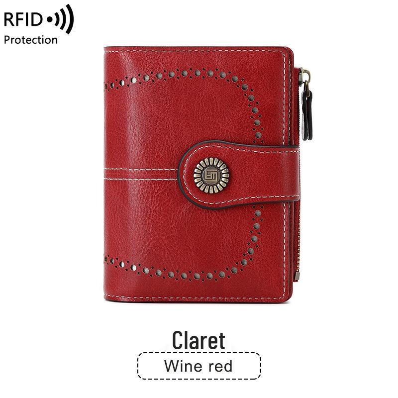 2023 RFID Women's Oil Wax Leather Wallet: Short Card Holder with Coin Purse and Fashion Buckle Zipper.