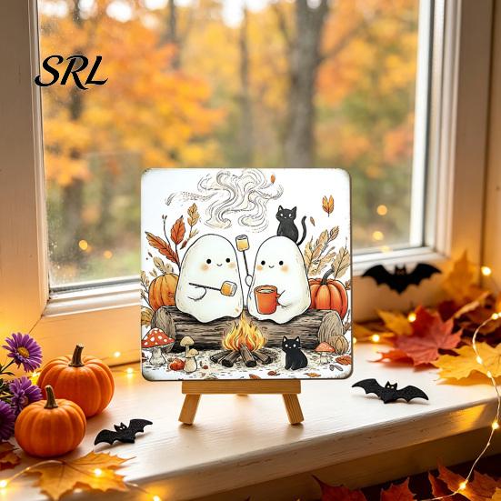 Festive Home Decor for October Halloween Wood Tabletop Sign with Mini Easel, Cute Pumpkin Ghost Decorative Party Table Centerpieces Plaque,