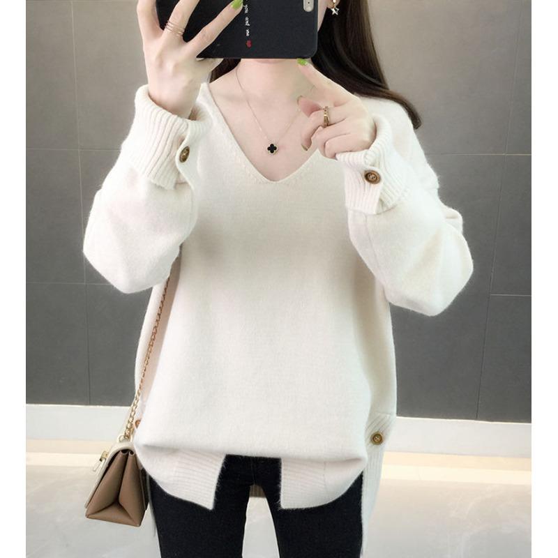 Autumn and Winter Women's V-neck Knitted Sweater Loose Button Solid Color Sweater for Women