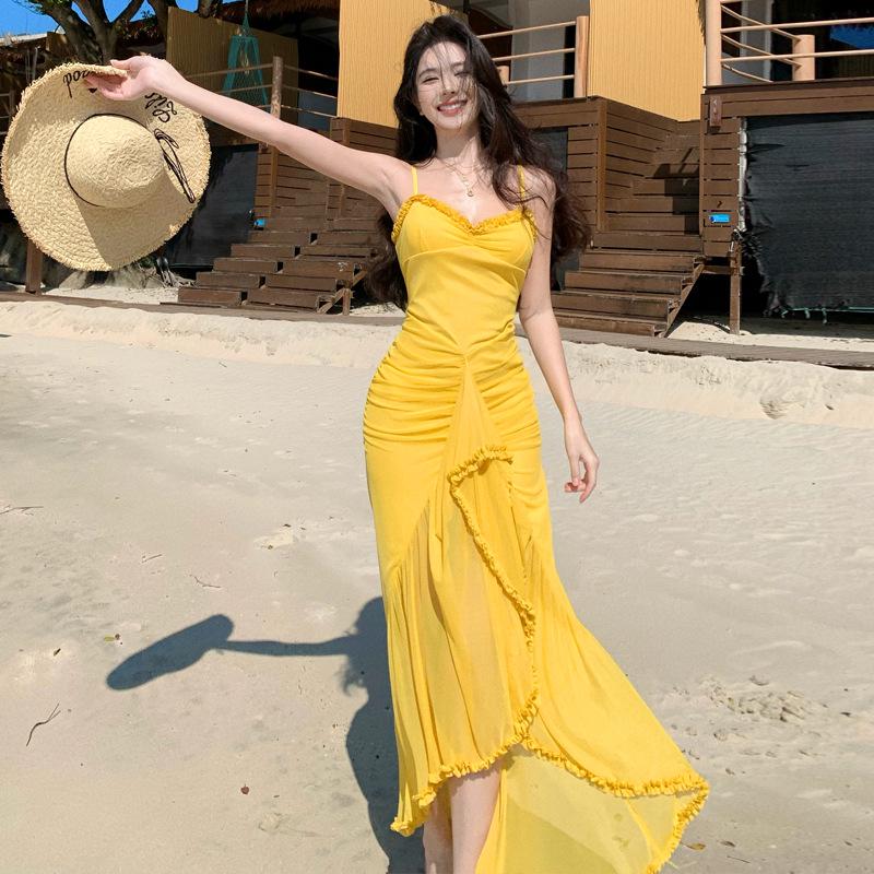 Elegant Slim Fit Irregular Split Beach Dress - Perfect for Vacations, Parties, and Birthdays