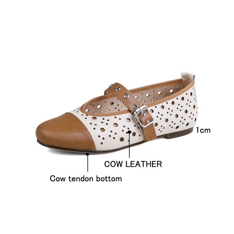 Fashion Women's new spring round toe retro low heel leather cowhide oversized hollow rivets Mary Jane breathable single shoe
