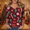 Women's Christmas Print V-Neck Three-Quarter Sleeve Loose Fit Casual Shirt