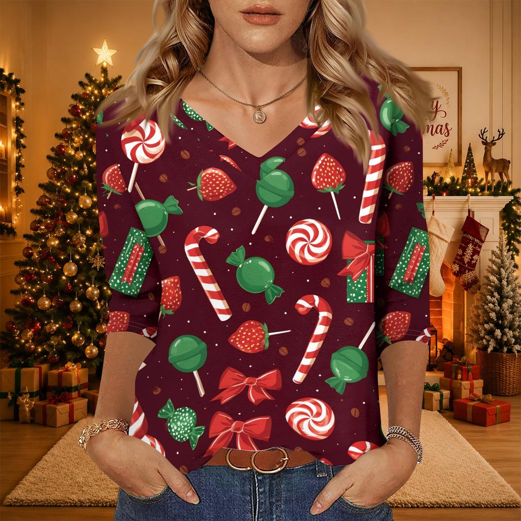 Women's Christmas Print V-Neck Three-Quarter Sleeve Loose Fit Casual Shirt