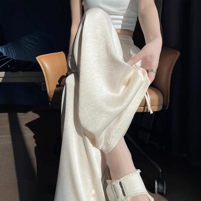 White Acetic Acid Satin Pants Women's Summer New High Waist Drape Narrow Version Casual Ice Silk Wide-leg Pants