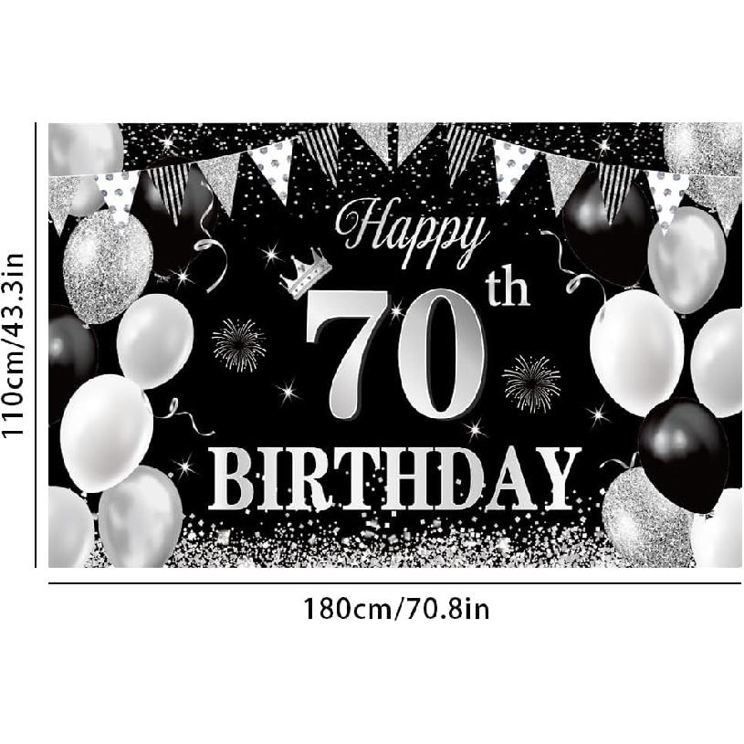 70 Birthday decoration for men and women 70 Happy Birthday Banner Large Black silver Birthday Background Banner 70 Week Commemorative Birthday Party