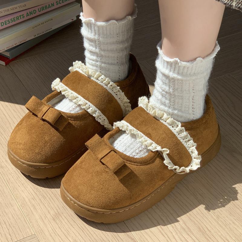 Fashion Outer Wear Lace Mary Jane Cotton Slippers Autumn and Winter 2025 New Indoor Non-slip Platform Student Cotton Shoes
