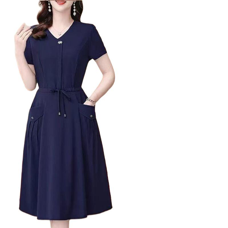 Chic Summer Mulberry Silk V-neck A-line Dress for Women XL (Recommended 90-105 jin) хаки