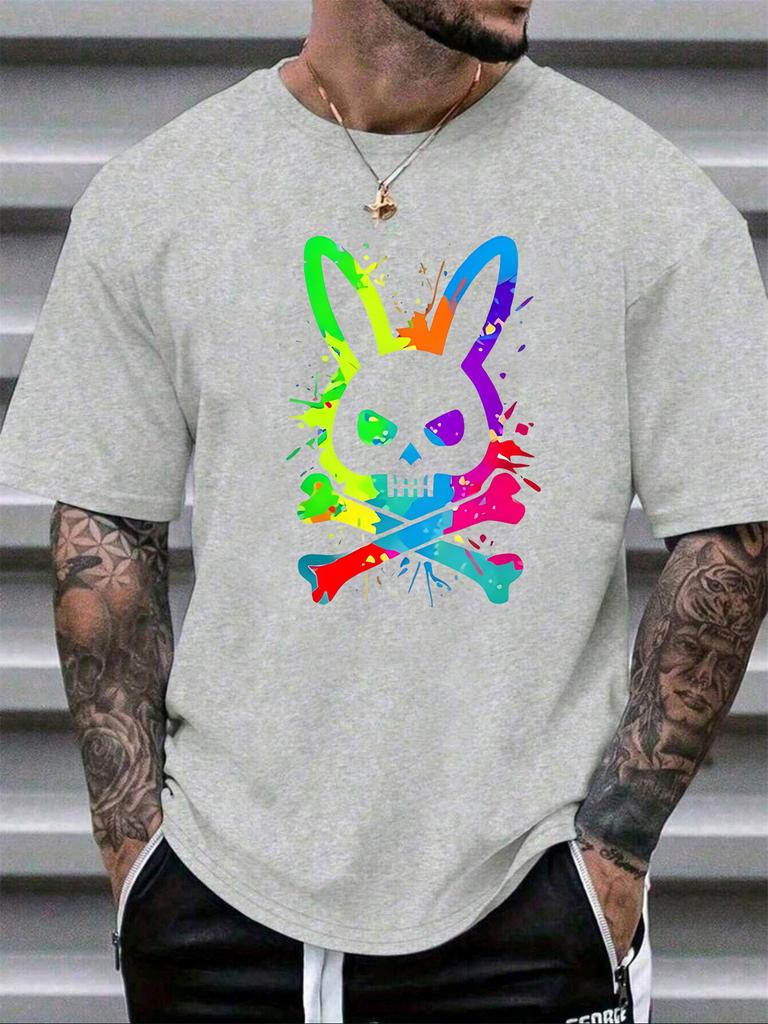 Summer Mens Roundneck ShortSleeved Sports TShirt Skull Rabbit Print 100 Cotton Casual Summer Outfit Breathable Comfortable