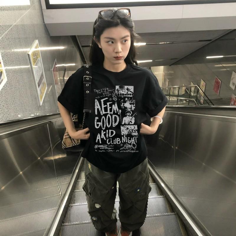 Oversized Cotton Graphic Tee Women Men - Plus Size Loose Fit Short Sleeve T-Shirt In Black White Streetwear Style