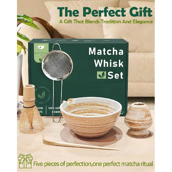 Matcha Whisk Set with Matcha Bowl, Matcha Whisk Holder Matcha Bamboo Whisk, Scoop, Sifter, Unique Gifts for Women Men Girl Friend Home Kitchen Decor