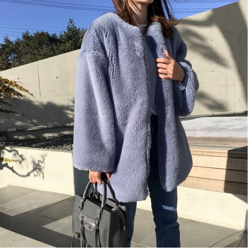 Womens Mid-Length Faux Fur Coat Long Sleeve Warm Winter Outerwear Street Style